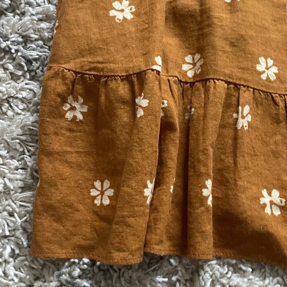 Floral Linen Blend Sleeveless Ruffle Mini Dress Tobacco Brown‎ Women Small